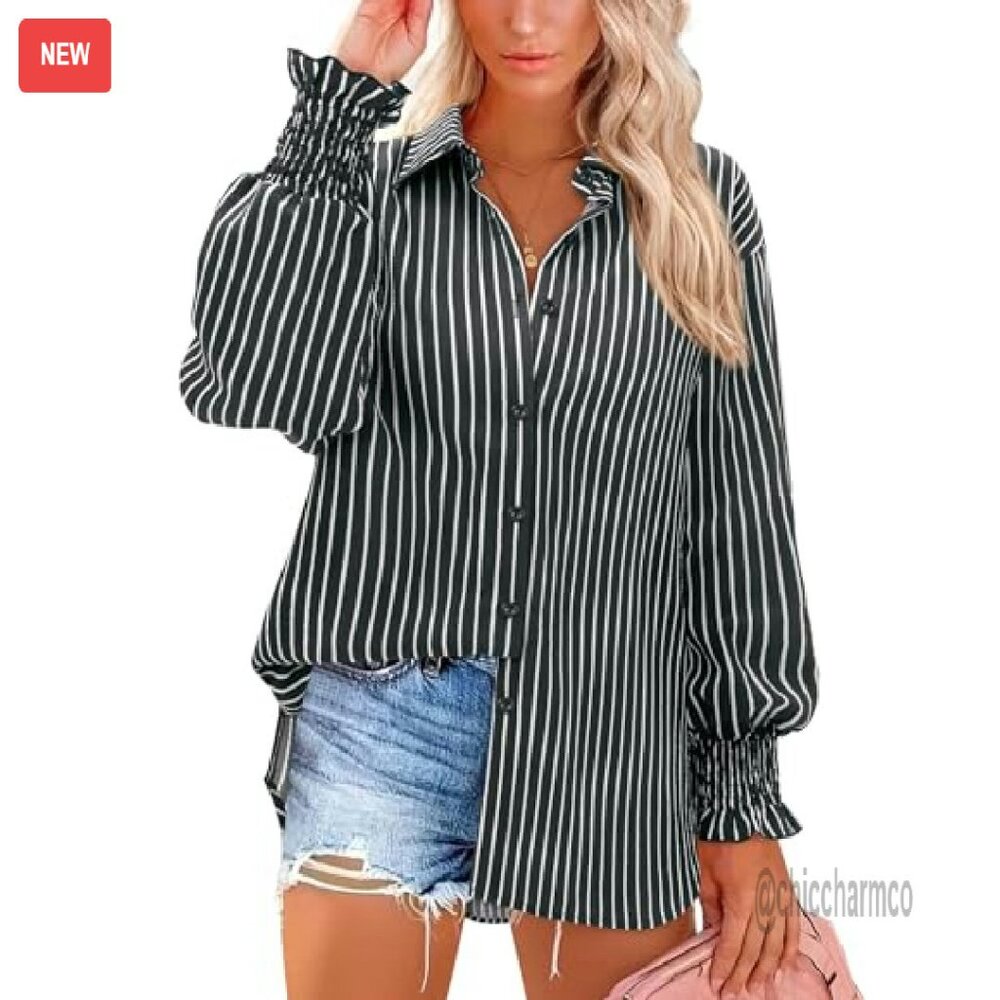 Oversized Striped Button Down Blouse Smocked Cuff… - image 2
